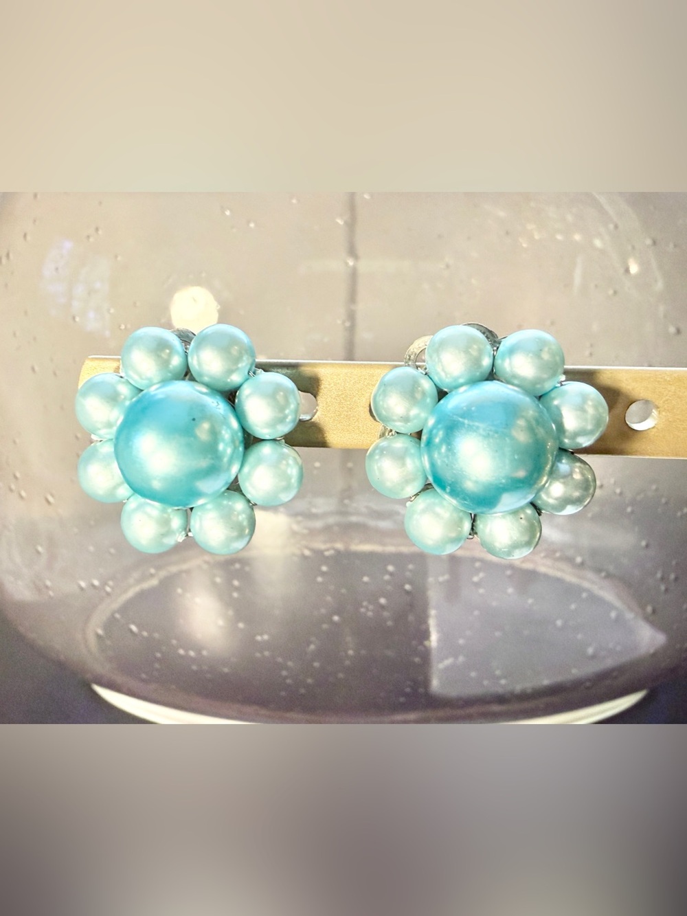Vintage 1960s Light Blue Japanese Faux Pearl Flower Cluster Clip On Earrings